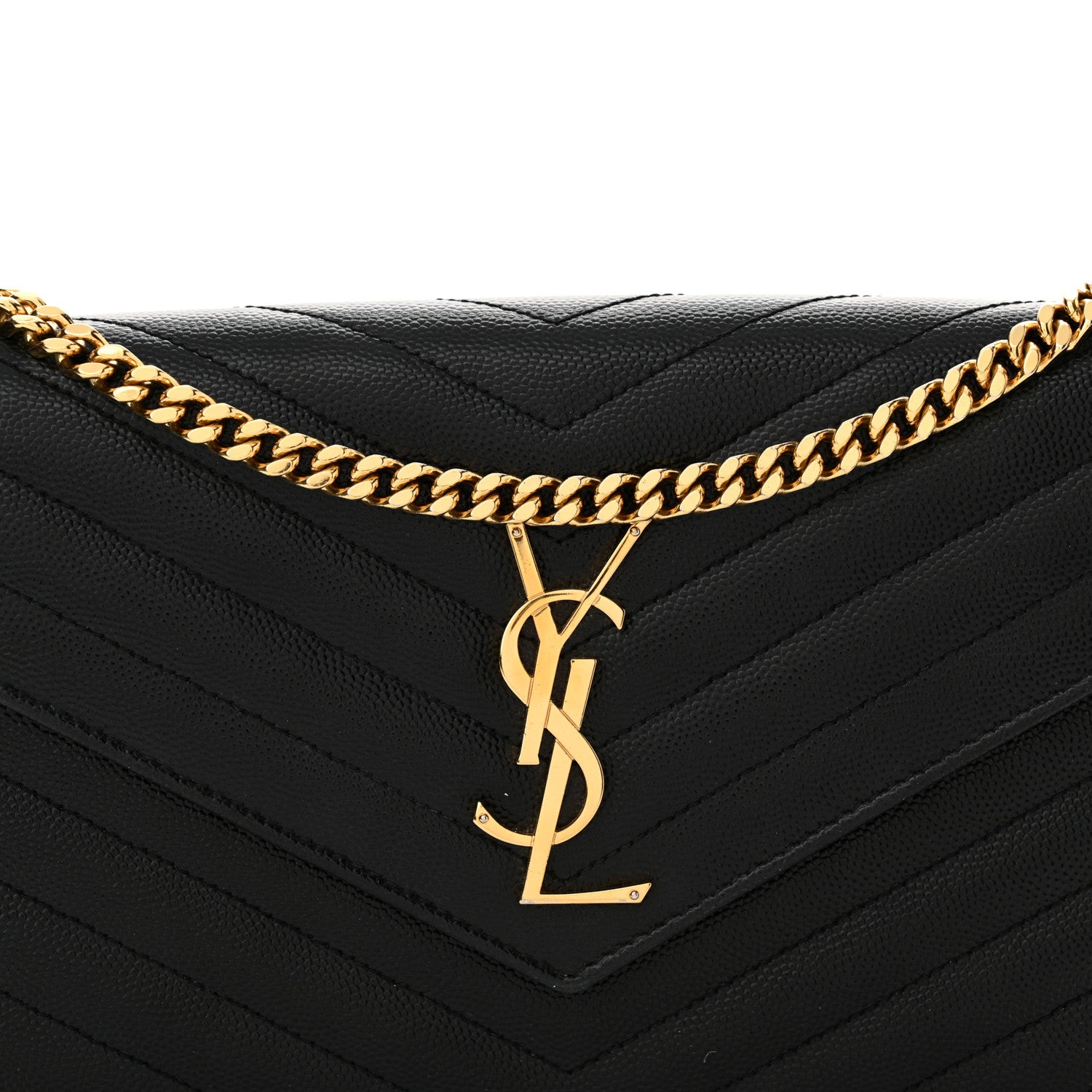 Saint Laurent Grain De Poudre Matelasse Chevron Monogram Chain Wallet Black 8 of 14