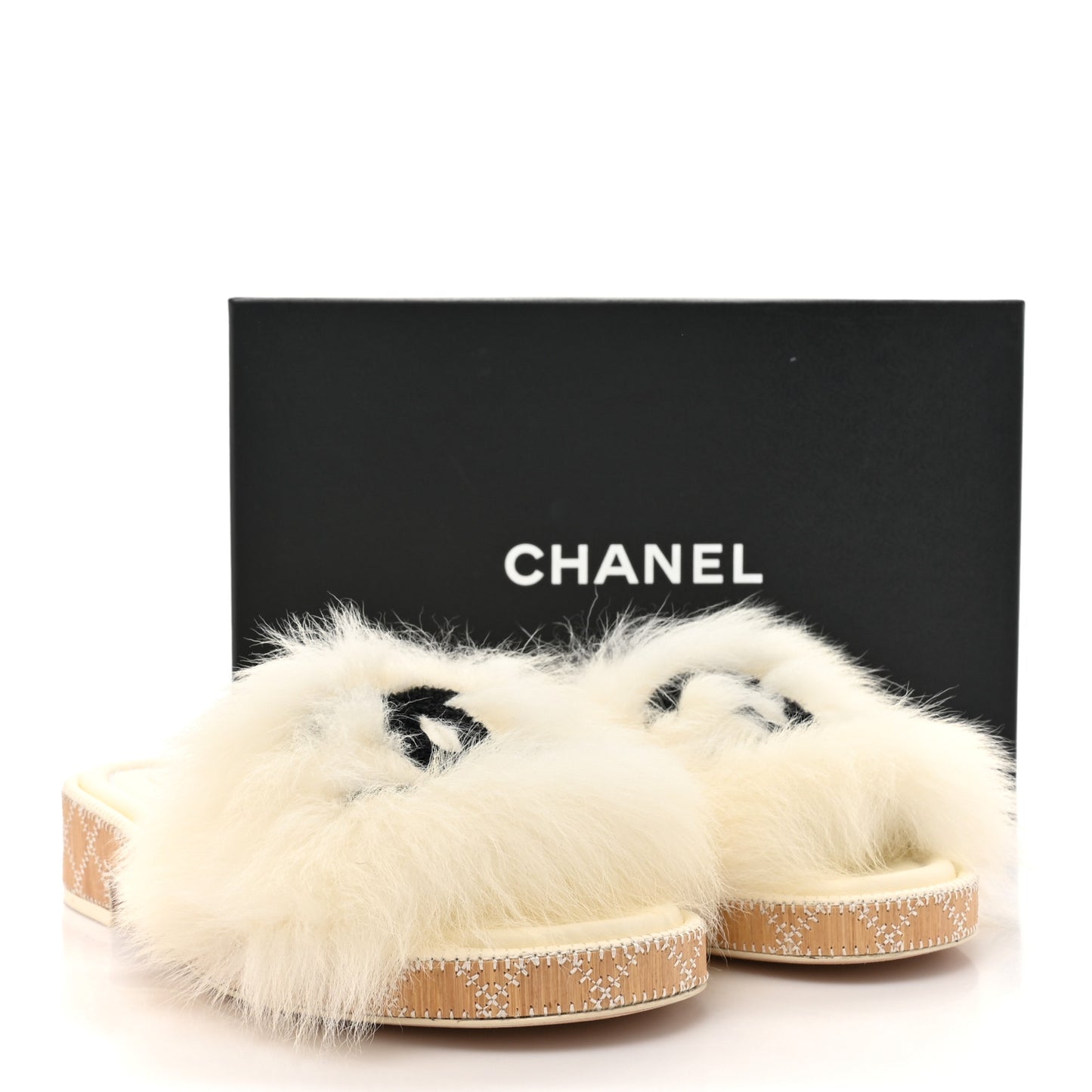 Shearling Lambskin CC Mules Sandal 37.5 White Black