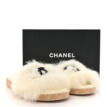 Chanel Shearling Lambskin CC Mules Sandal 37.5 White Black 10 of 10