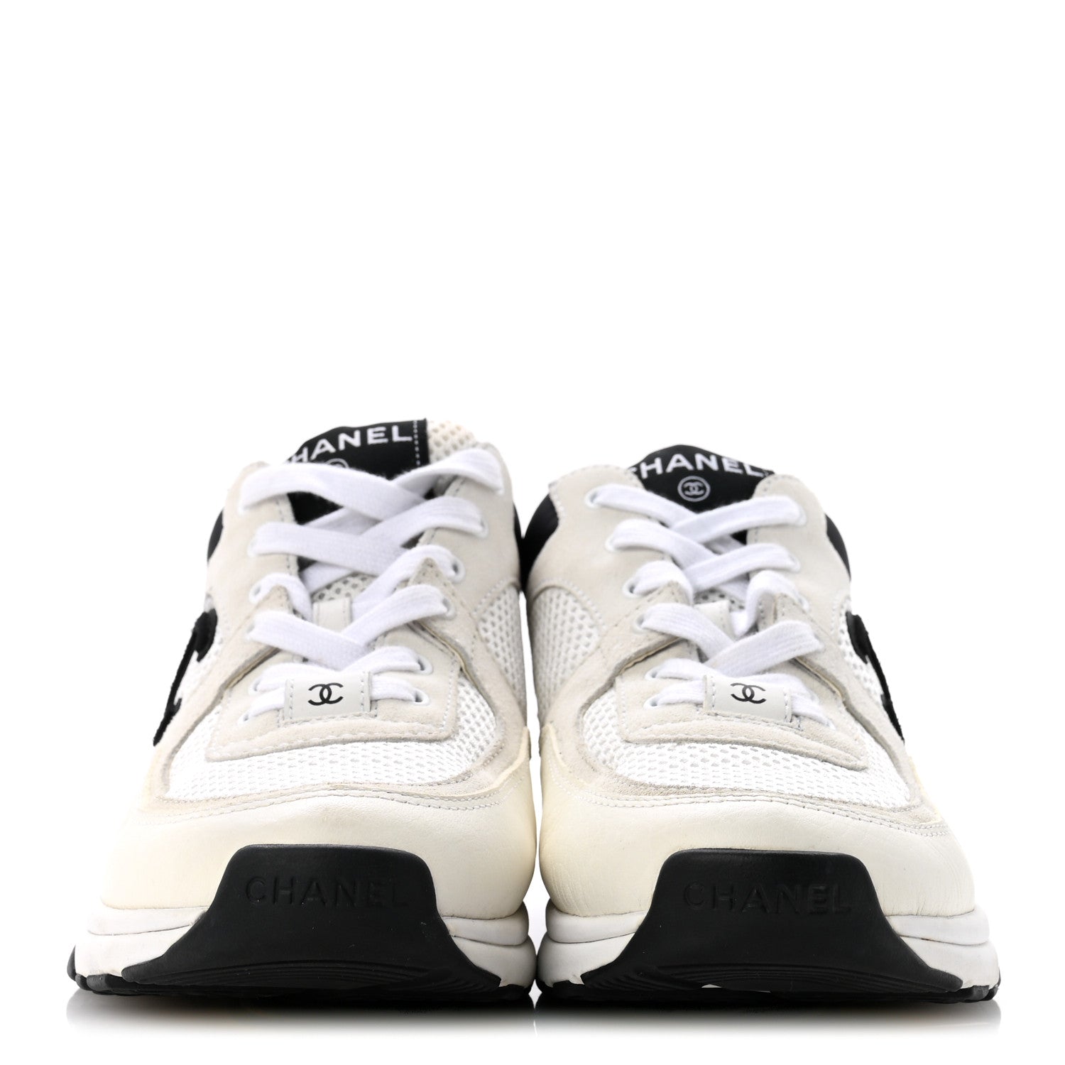 Chanel Mesh Suede Calfskin Grained Calfskin Womens CC Sneakers 37.5 White Black 3 of 10