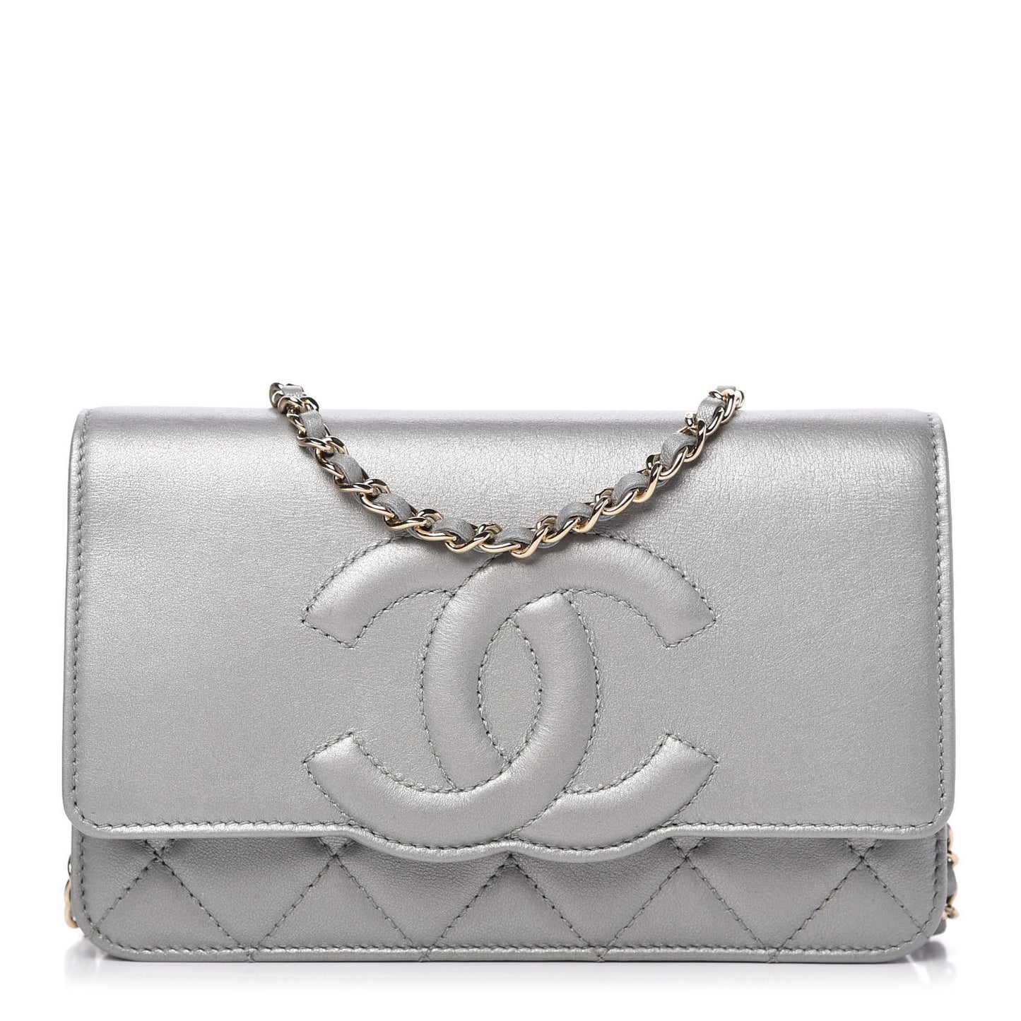 Metallic Goatskin Quilted Timeless CC Wallet On Chain WOC Silver
