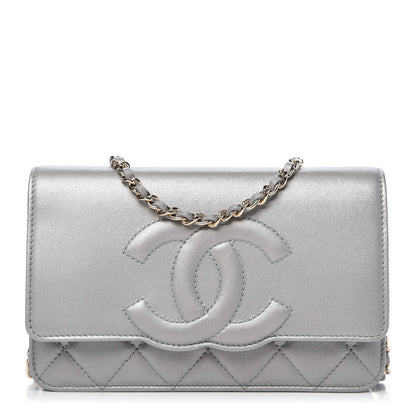 Chanel Metallic Goatskin Quilted Timeless CC Wallet On Chain WOC Silver 1 of 12