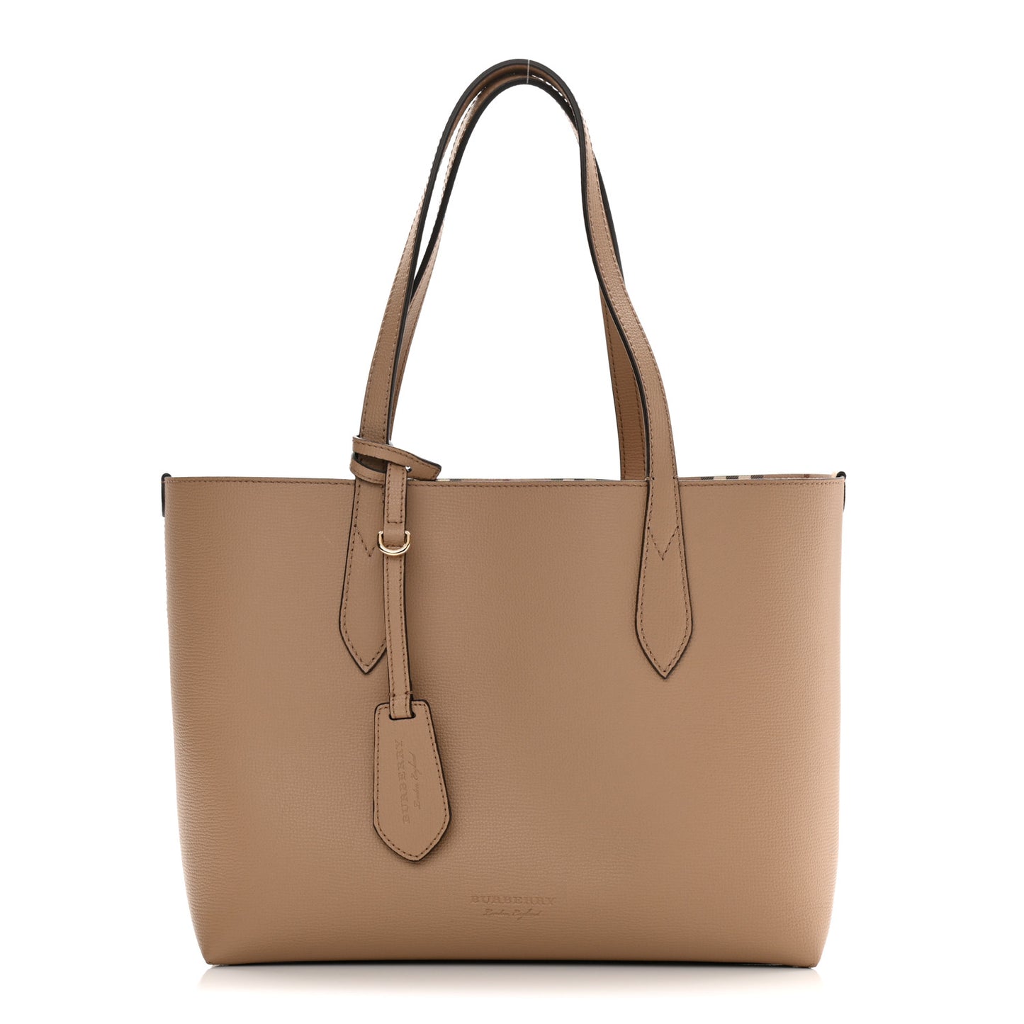 Grainy Calfskin Haymarket Check Small Reversible Tote Mid Camel