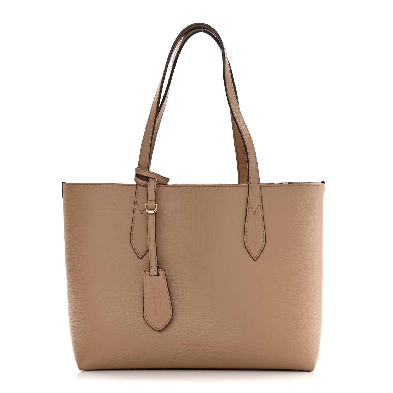 Burberry Grainy Calfskin Haymarket Check Small Reversible Tote Mid Camel 1 of 17