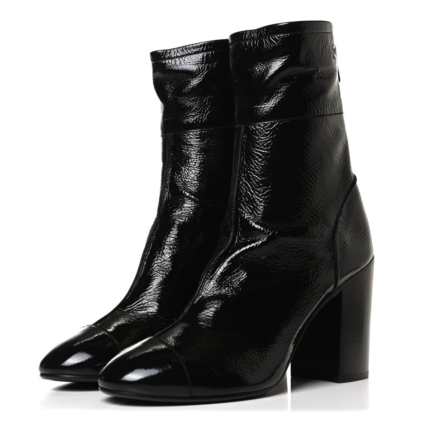 Shiny Crumpled Calfskin CC Cap Toe Short Boots 40.5 Black