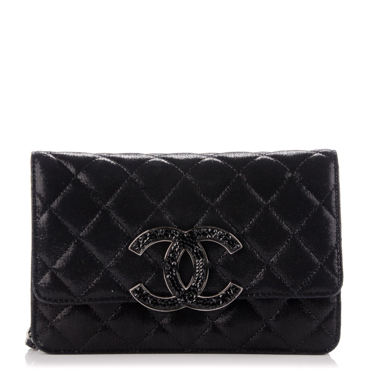 Iridescent Caviar Crystal Quilted Wallet On Chain WOC Black