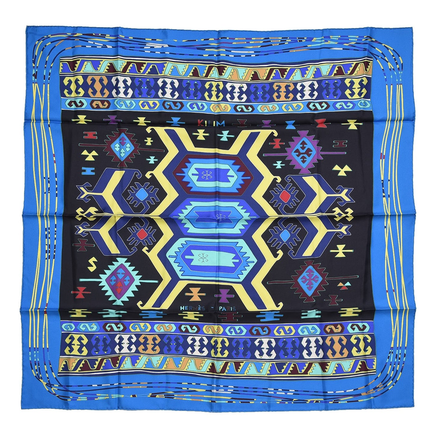 Silk Kilim Scarf 90 Bleu Klein Noir Chartreuse