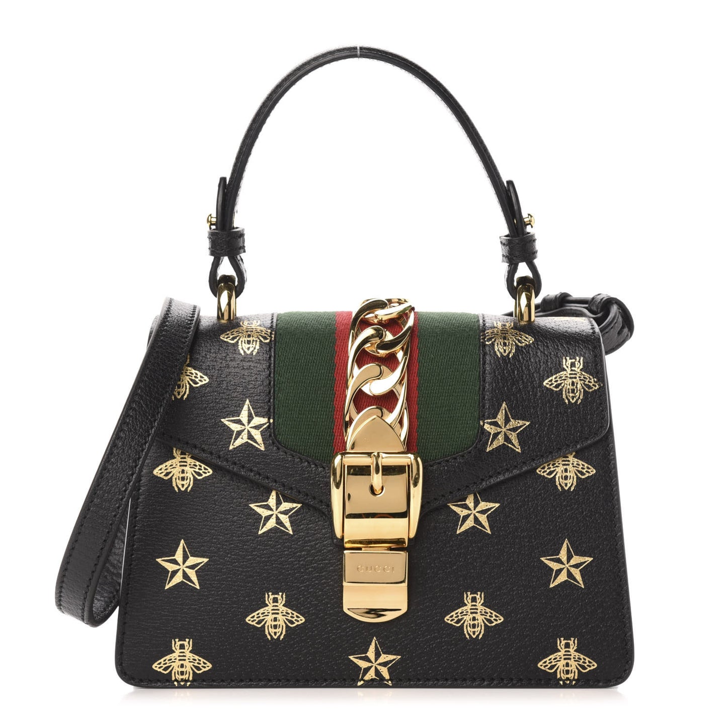 Textured Calfskin Bee Star Print Mini Sylvie Top Handle Bag Black