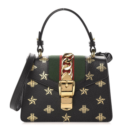 Gucci Textured Calfskin Bee Star Print Mini Sylvie Top Handle Bag Black 1 of 11