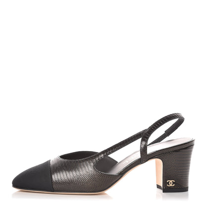 Chanel Lizard Grosgrain Cap Toe CC Slingback Pumps 37 Black 1 of 12