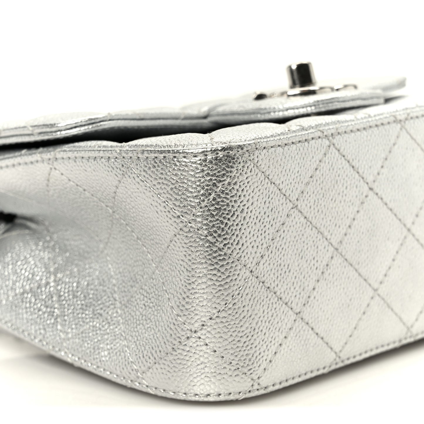 Metallic Caviar Quilted Mini Square CC Slide Flap Silver