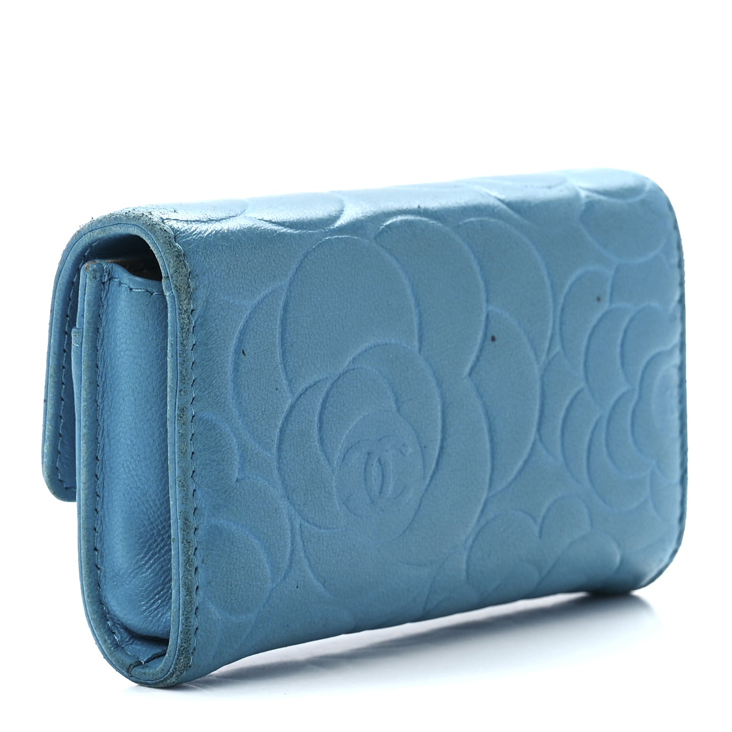 Lambskin Camellia Embossed Flap Card Holder Blue
