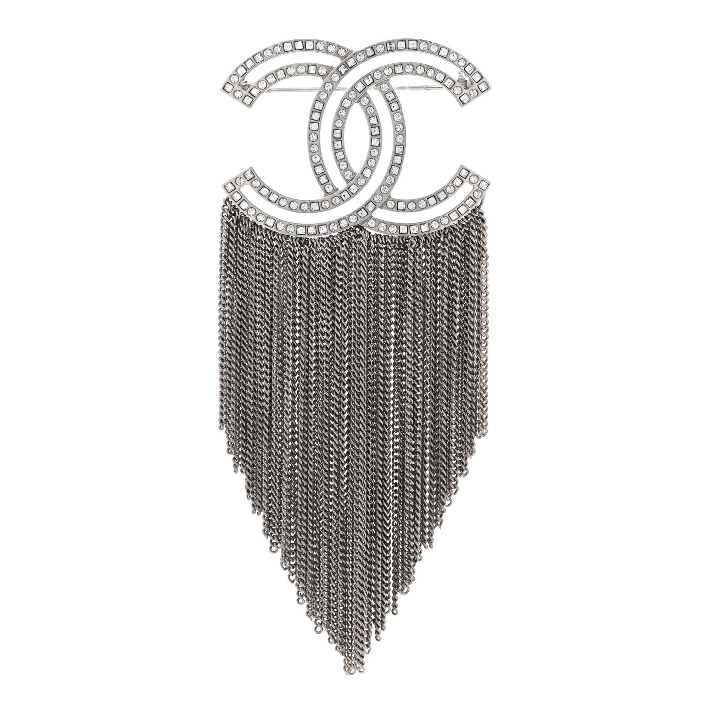 Crystal Chain Fringe CC Brooch Silver