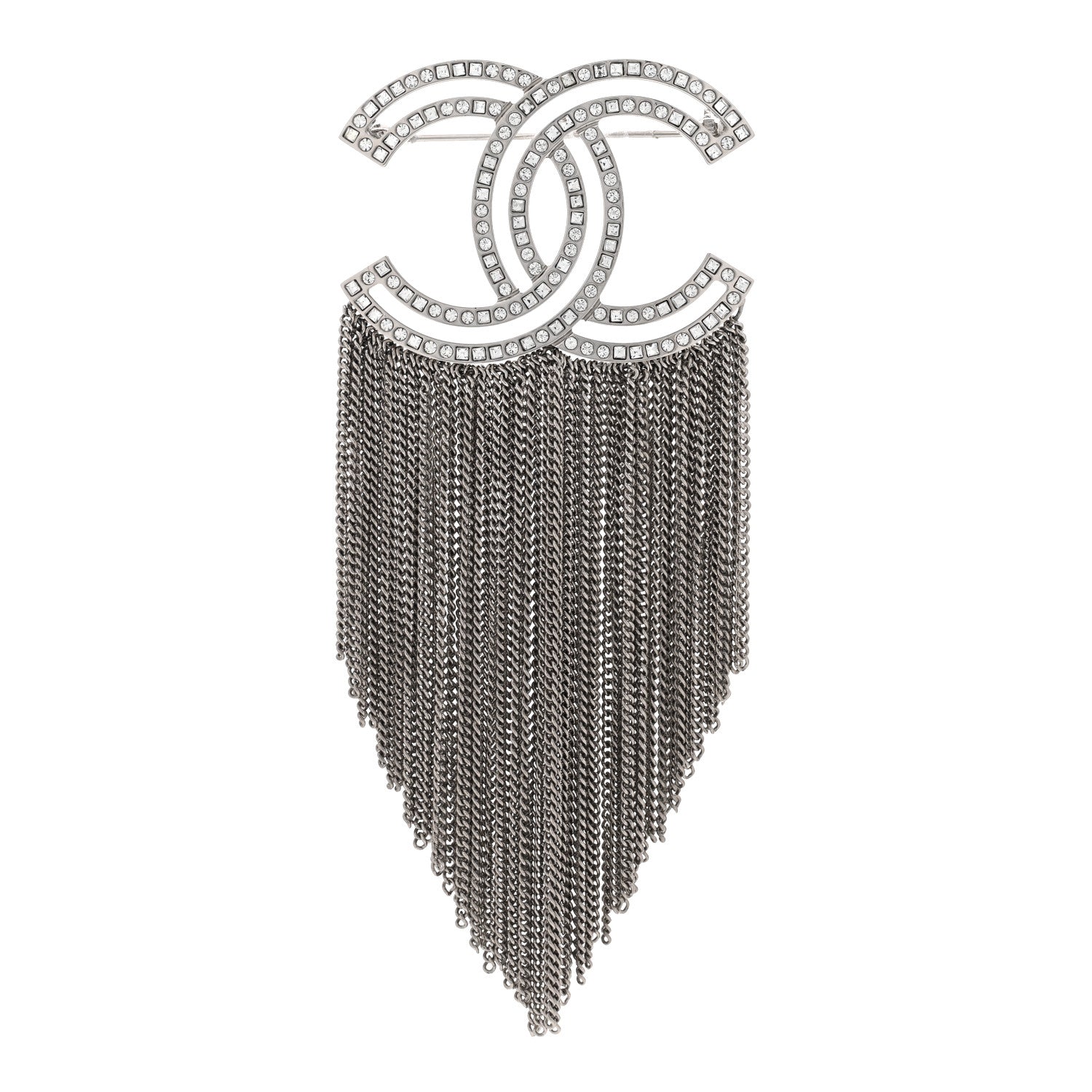 Chanel Crystal Chain Fringe CC Brooch Silver 1 of 5