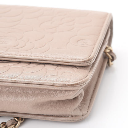 Chanel Lambskin Camellia Embossed Wallet on Chain WOC Beige 14 of 14
