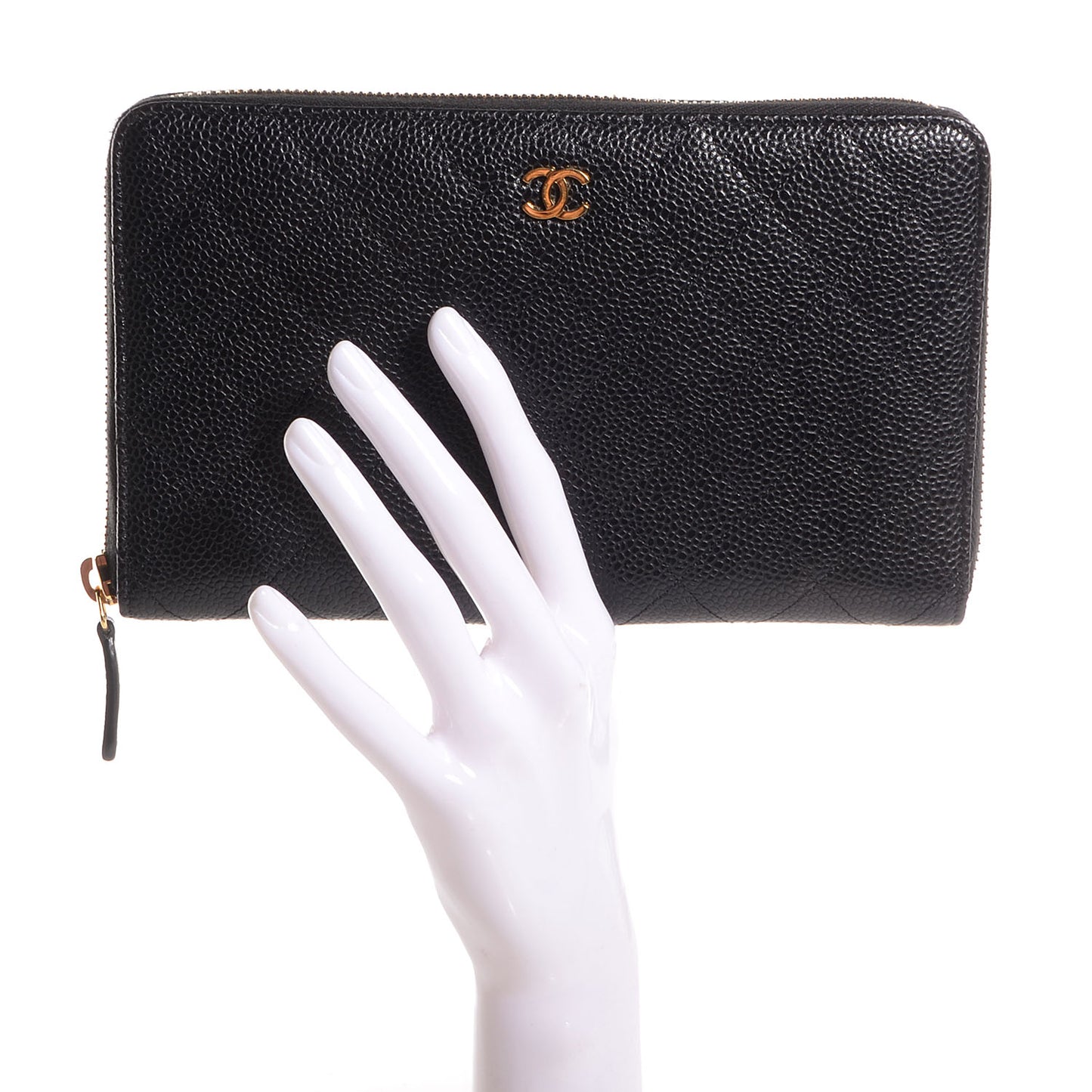 Caviar Quilted Large Zip Around Wallet Black
