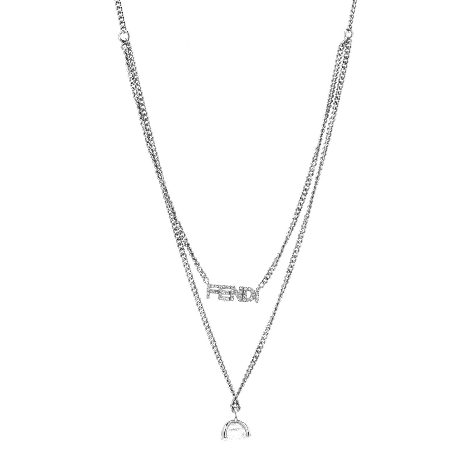Fendi Metal Crystal Double Strand Logo Drop Necklace Silver 2 of 6