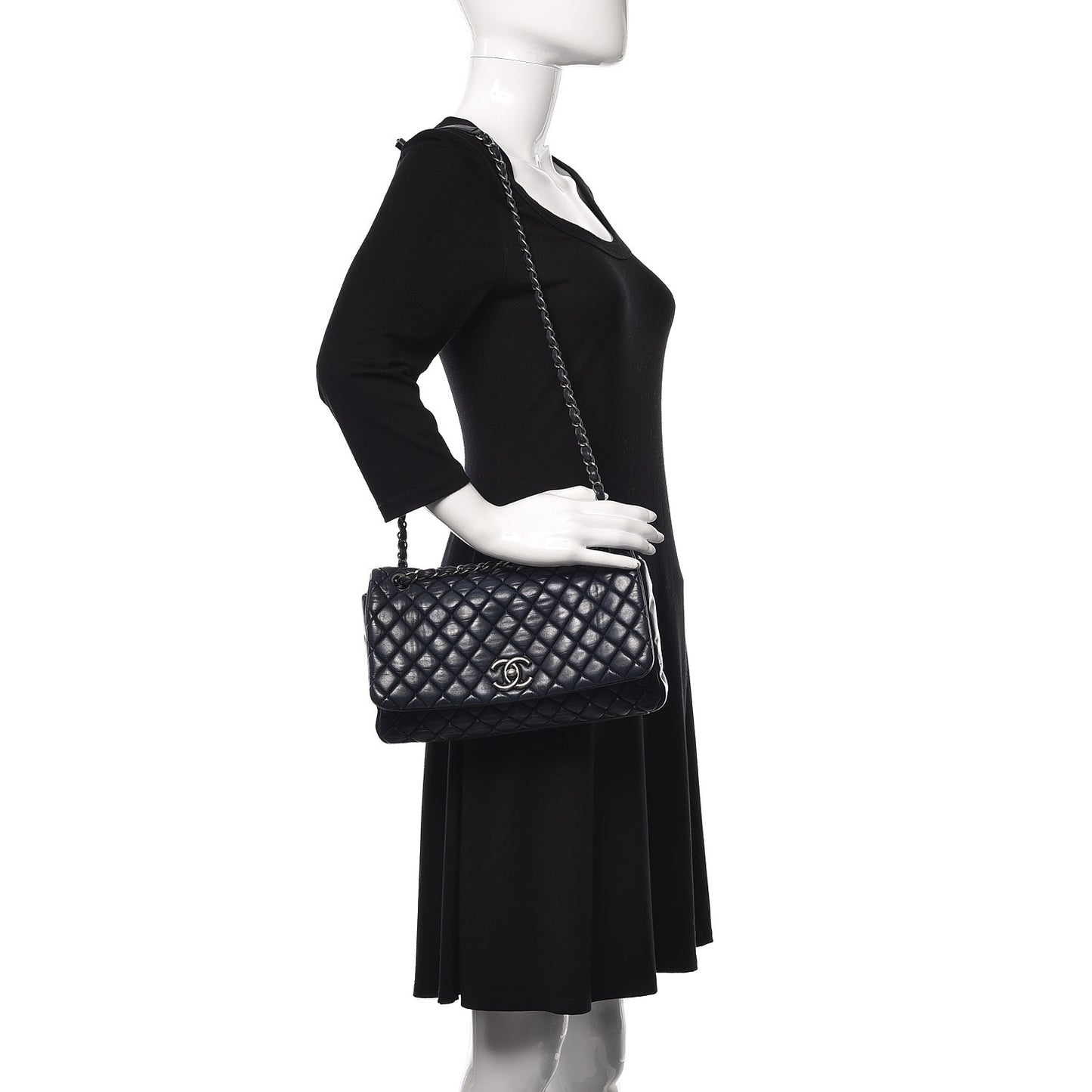 Iridescent Calfskin New Bubble Large Flap Navy