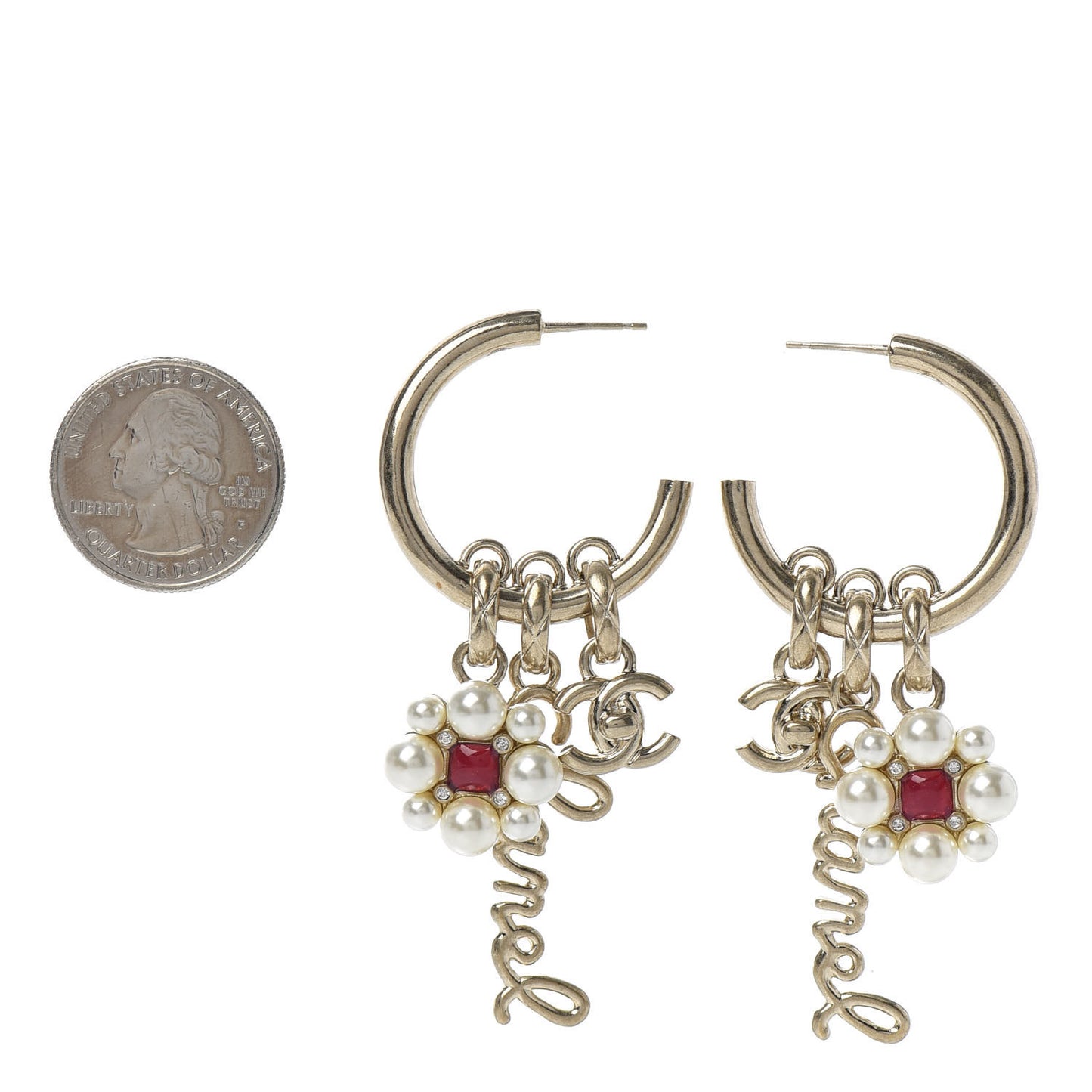 Crystal Pearl CC Turnlock Climber Hoop Earrings Gold Red Pearly White