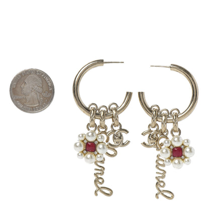 Chanel Crystal Pearl CC Turnlock Climber Hoop Earrings Gold Red Pearly White 2 of 4