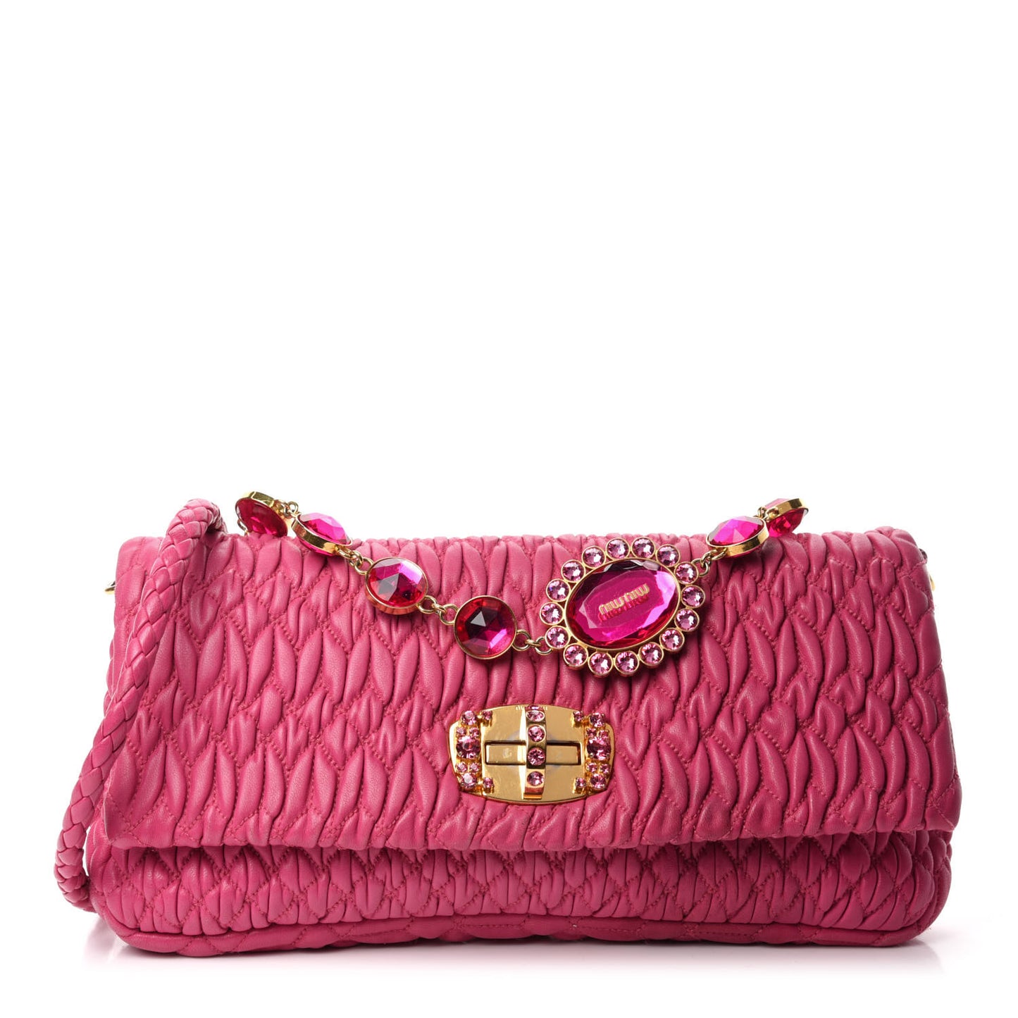 Nappa Matelasse Crystal Flap Clutch Fuxia