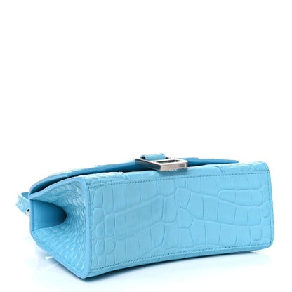 Balenciaga Shiny Calfskin Crocodile Embossed Hourglass Top Handle Bag XS Azur 3 of 4