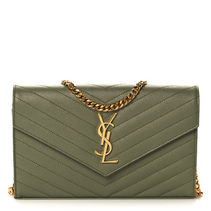 Saint Laurent Grain De Poudre Matelasse Chevron Monogram Chain Wallet Vert Kaki 1 of 8