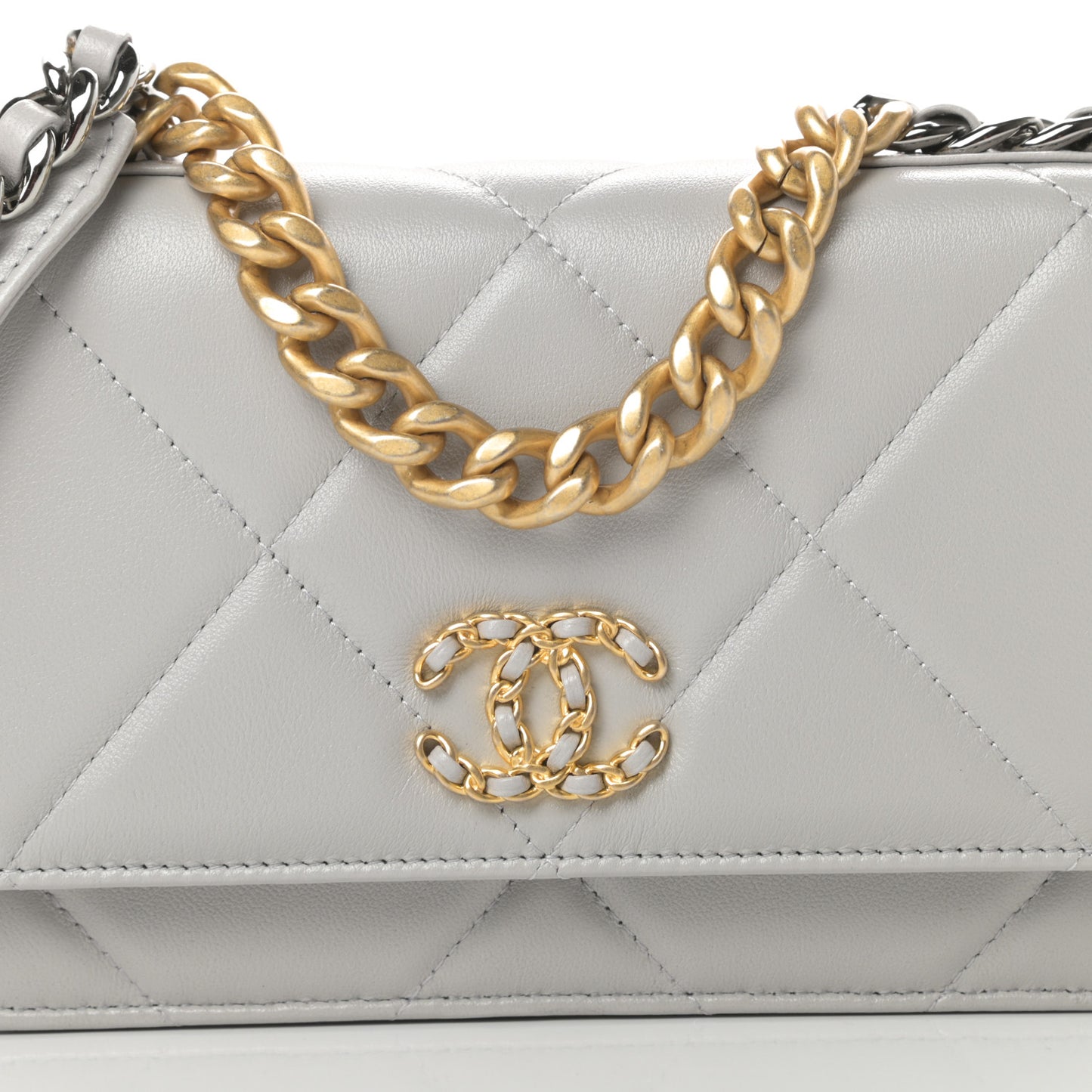 Lambskin Quilted Chanel 19 Wallet On Chain WOC Grey