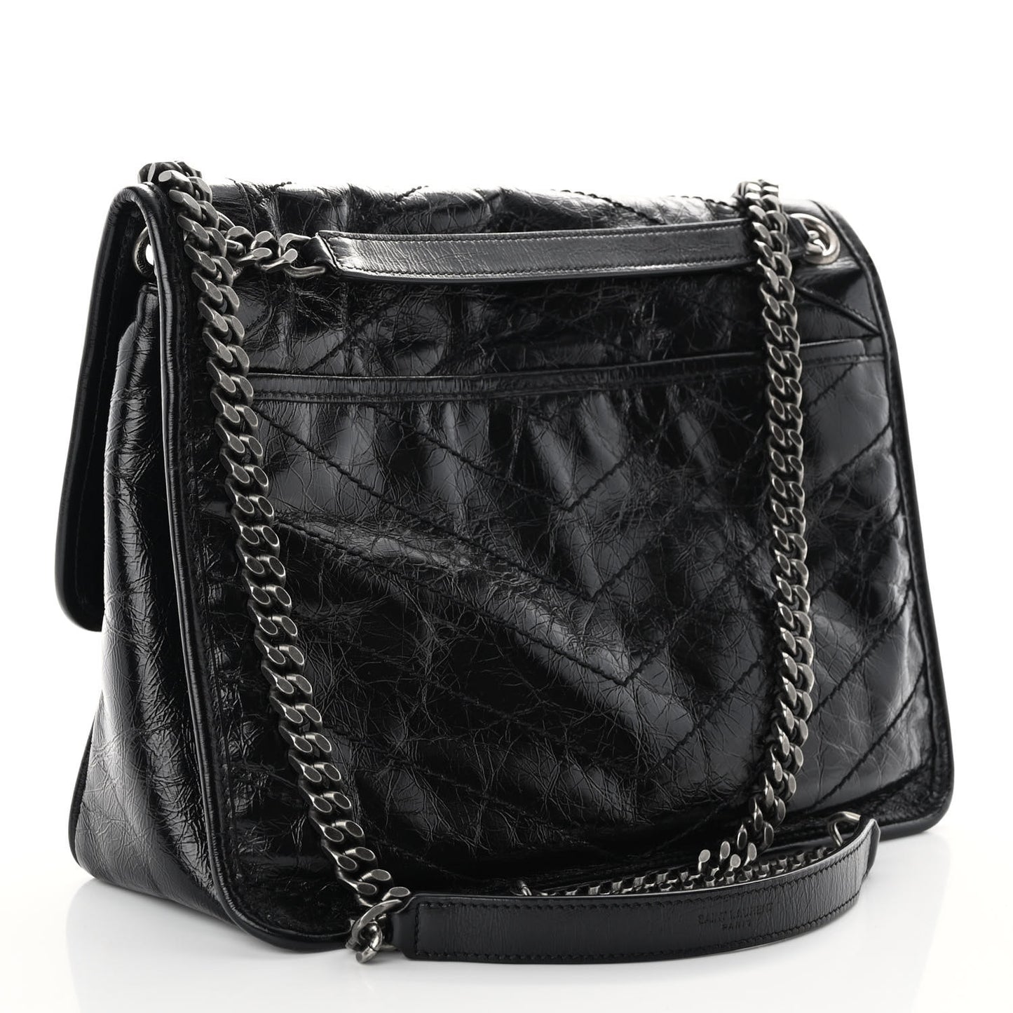 Crinkled Calfskin Matelasse Monogram Medium Niki Chain Satchel Black