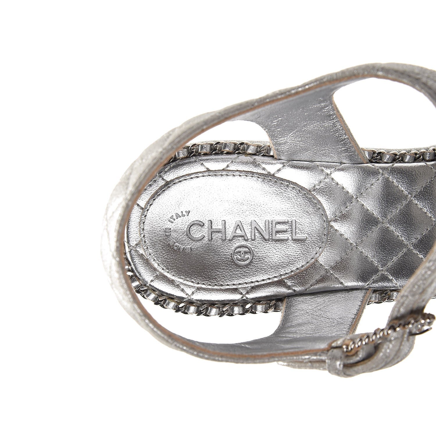 Chanel Metallic Goatskin Quilted Chain Sandals 39 Silver 7 of 8