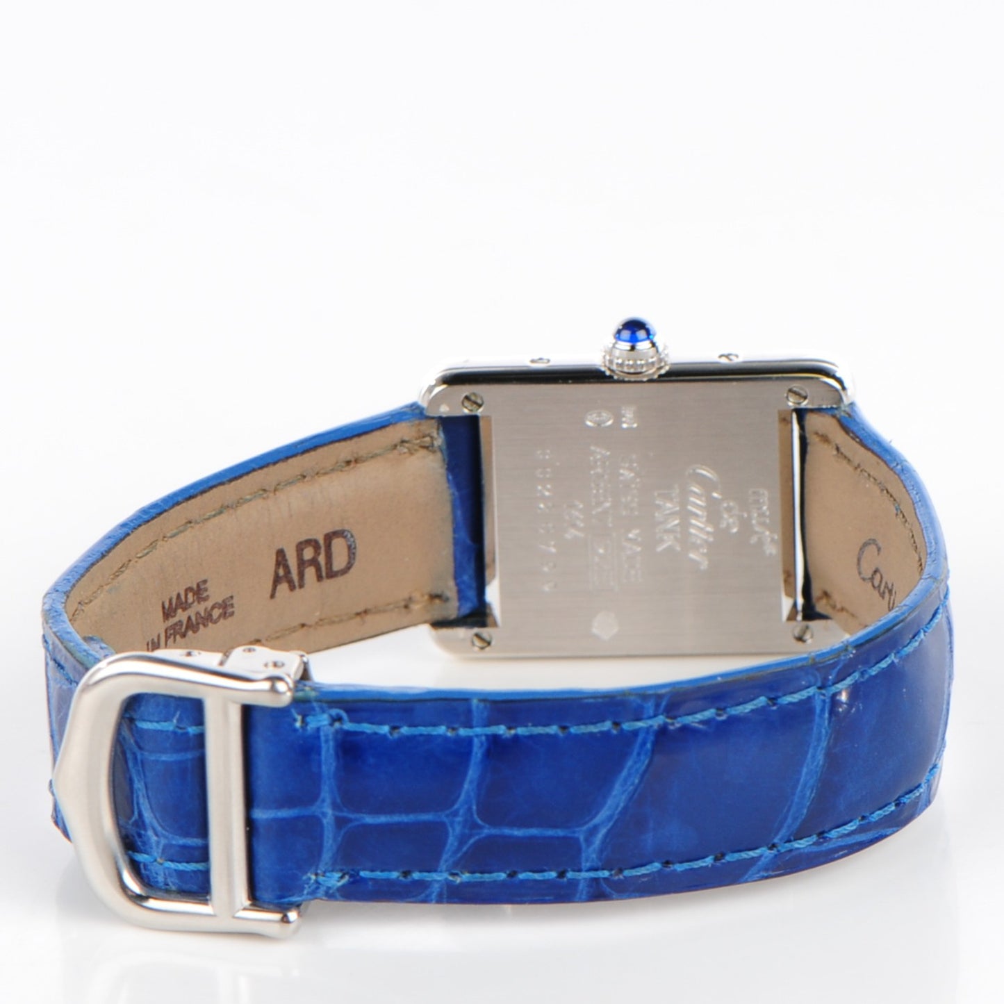 Sterling Silver Alligator 20mm Must de Cartier Tank Quartz Watch Blue