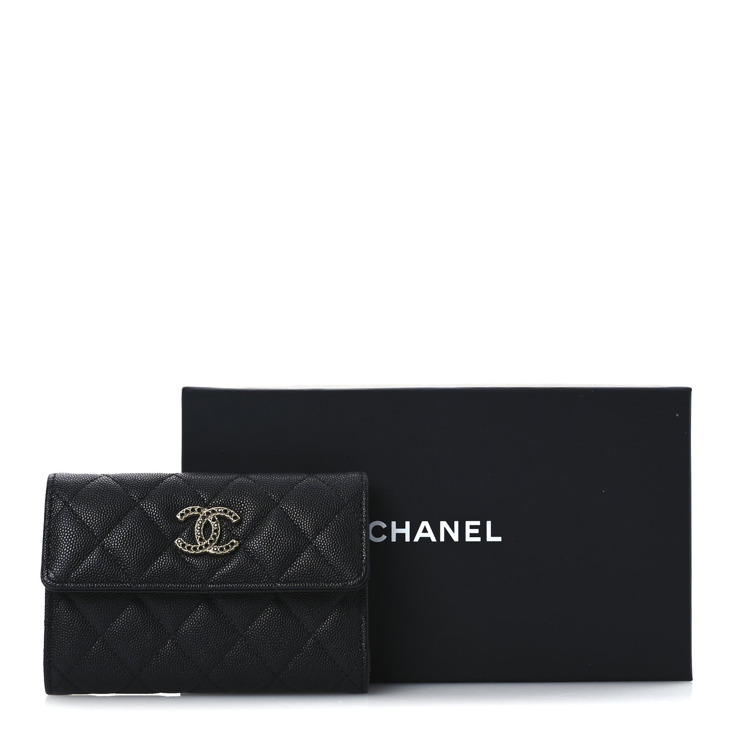 Caviar Quilted Crystal CC Medium Flap Wallet Black