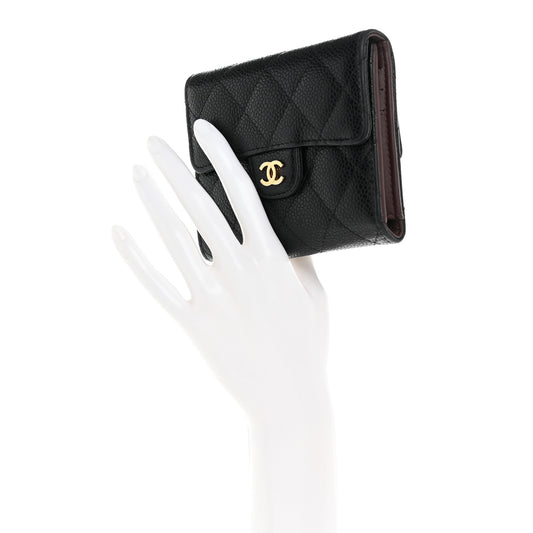 Caviar Quilted Compact Flap Wallet Black