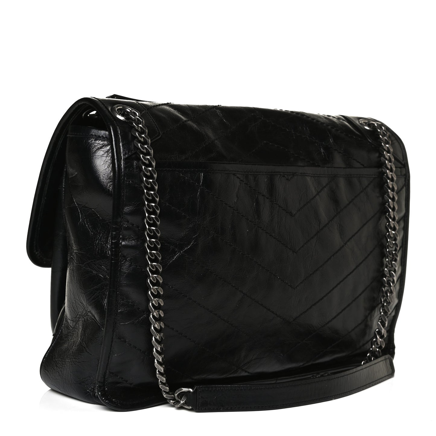 Crinkled Calfskin Matelasse Monogram Large Niki Chain Satchel Black