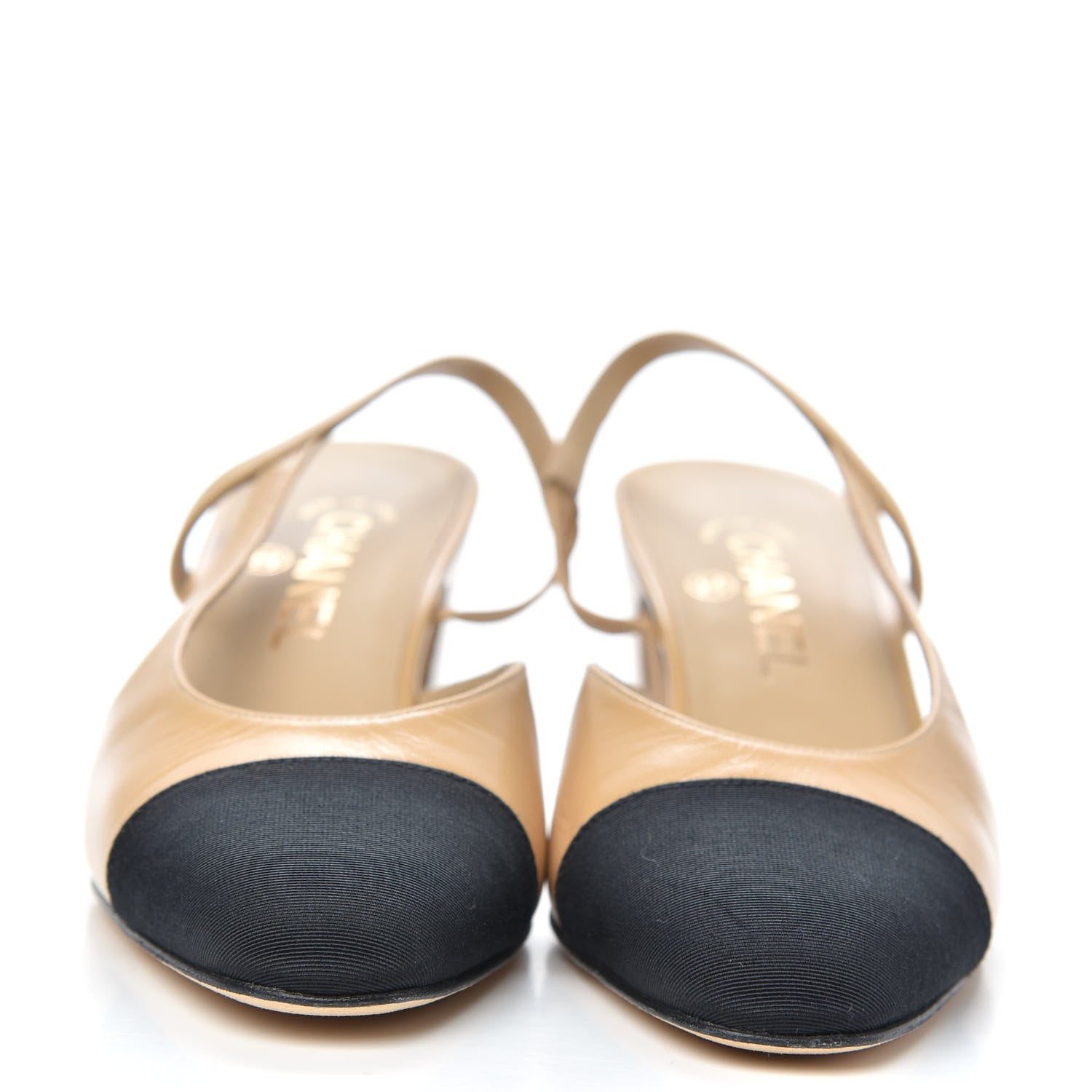 Chanel Goatskin Grosgrain Cap Toe CC Slingback Sandals 38 Beige Black 2 of 9
