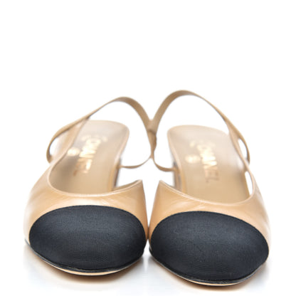 Chanel Goatskin Grosgrain Cap Toe CC Slingback Sandals 38 Beige Black 2 of 9