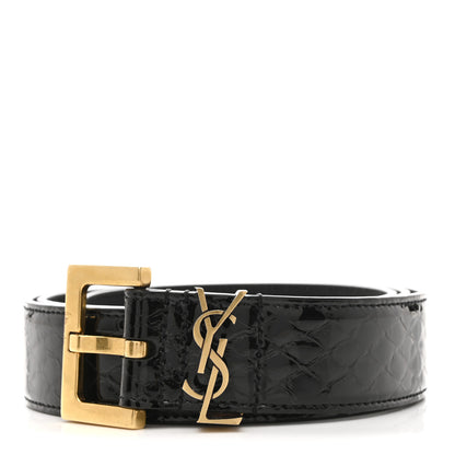 Saint Laurent Snakeskin Monogram Cassandre Square Buckle Belt 85 34 Black 1 of 7