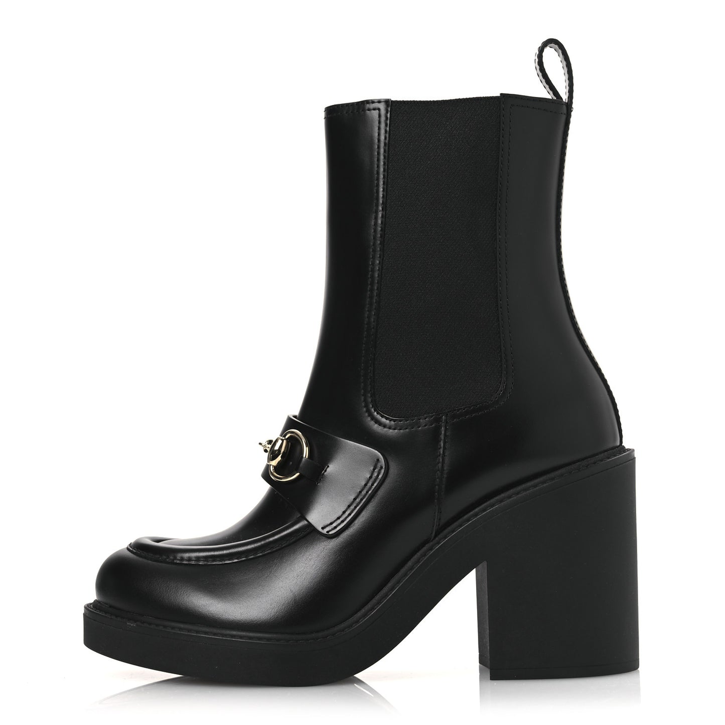 Calfskin Horsebit Double Stretch Rib Womens Ankle Boots 38.5 Black