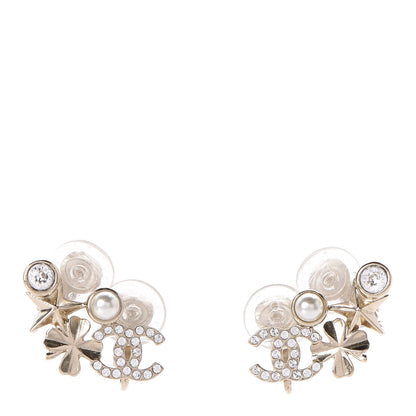 Chanel Crystal Pearl Sergeant CC Clip On Earrings Gold 1 of 5