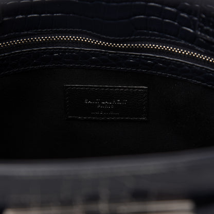 Saint Laurent Shiny Calfskin Crocodile Embossed Small Manhattan Shopper Tote Deep Marine 8 of 10