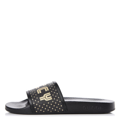 Gucci X SEGA Supreme Canvas GUCCY Stars Womens Slide Sandals 38 Black Gold 1 of 8