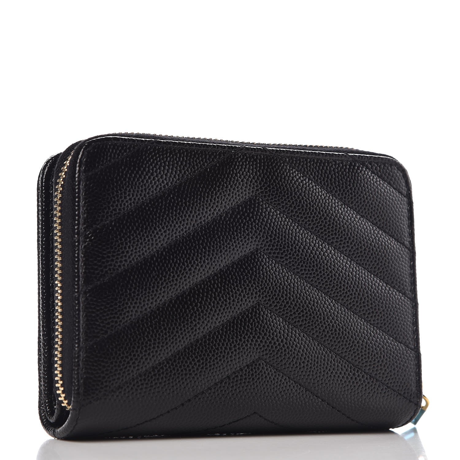 Saint Laurent Grain De Poudre Matelasse Chevron Monogram Compact Zip Around Wallet Black 3 of 7