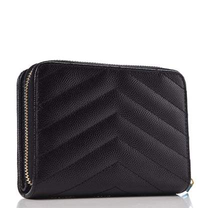 Saint Laurent Grain De Poudre Matelasse Chevron Monogram Compact Zip Around Wallet Black 3 of 7