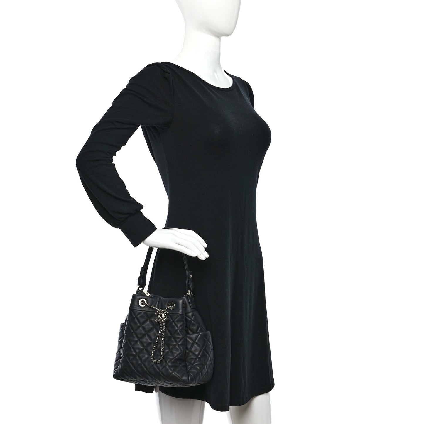 Lambskin Quilted CC Chain Bucket Bag Black