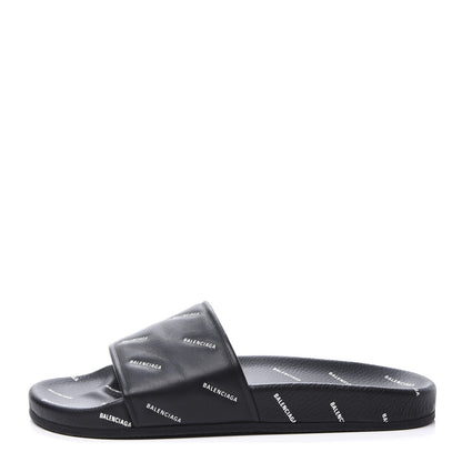 Balenciaga Nappa Allover Logo Embossed Womens Pool Slide Sandals 41 Black White 1 of 11
