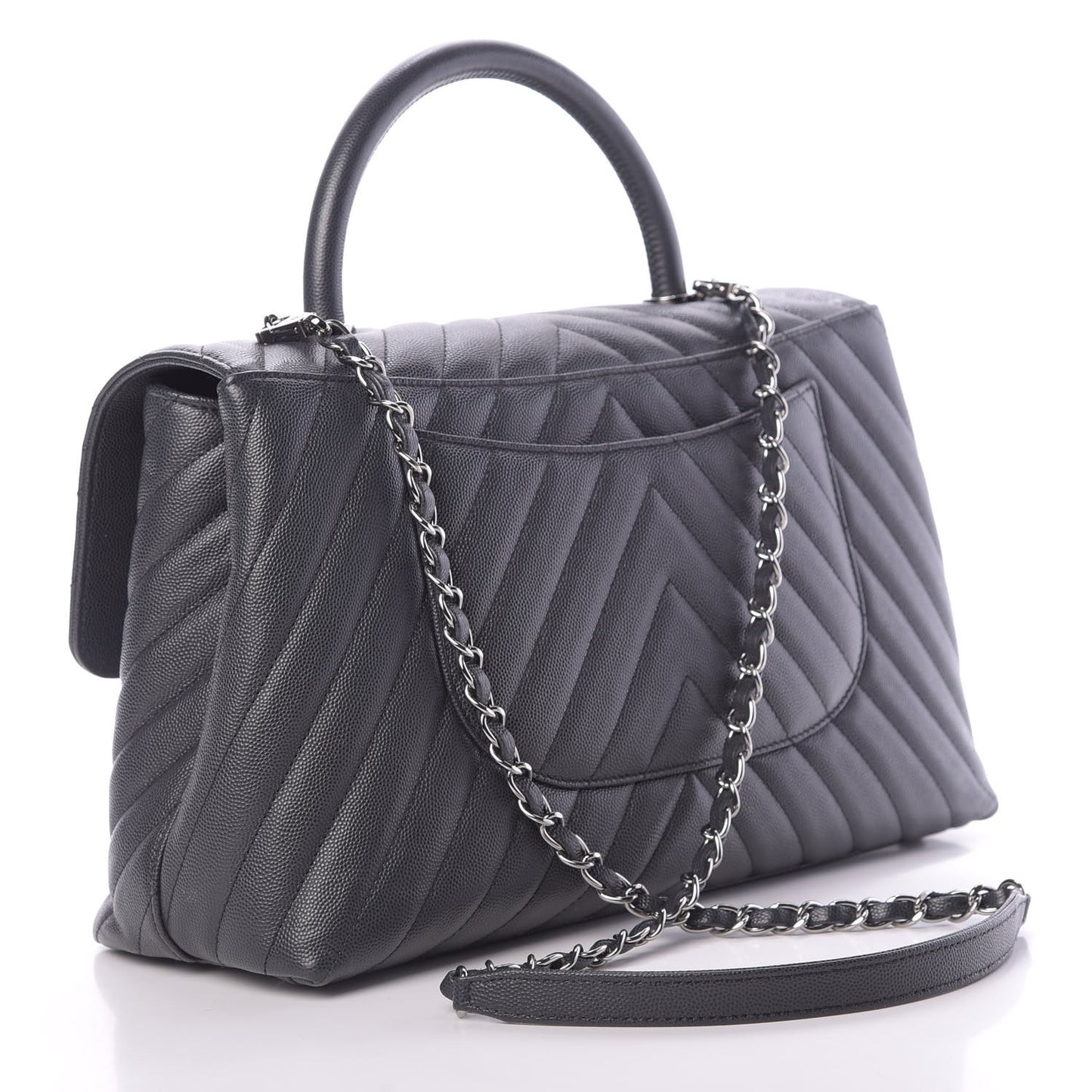 Caviar Chevron Quilted Medium Coco Handle Flap Dark Grey