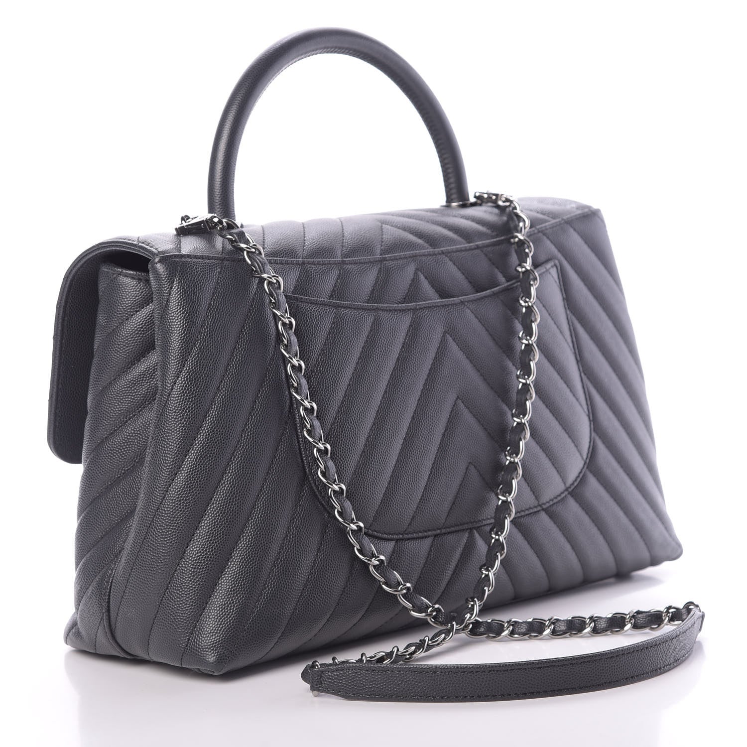 Chanel Caviar Chevron Quilted Medium Coco Handle Flap Dark Grey 3 of 13