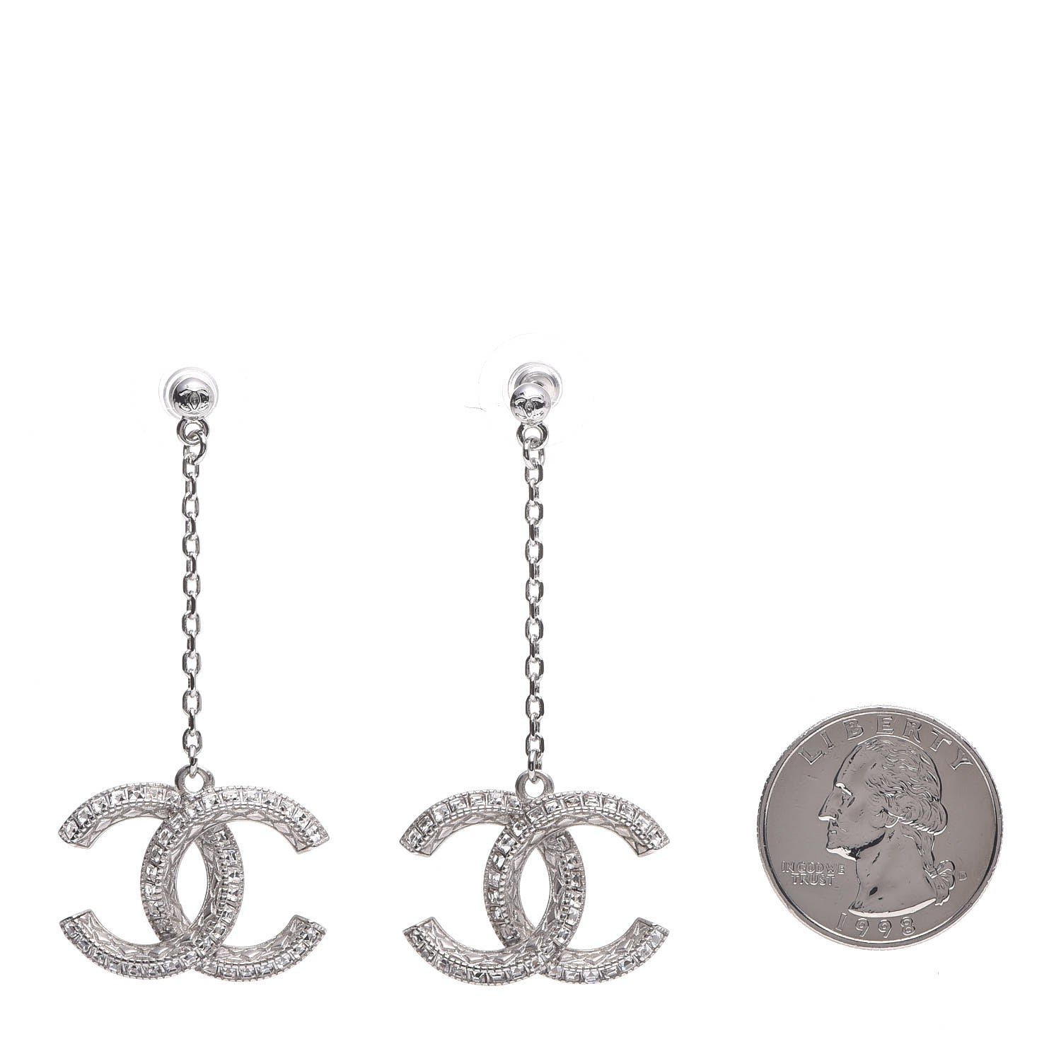 Chanel Baguette Crystal CC Drop Earrings Silver 2 of 5