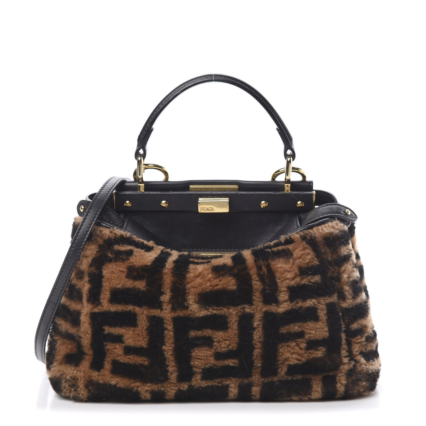 Shearling Nappa Macro FF 1974 Mini Peekaboo Iconic Satchel Tobacco Black