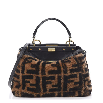Fendi Shearling Nappa Macro FF 1974 Mini Peekaboo Iconic Satchel Tobacco Black 1 of 14
